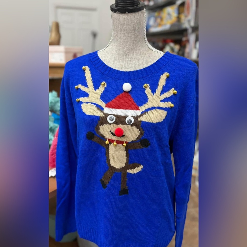 Blue  Christmas Reindeer Sweater with googly eyes Nordstrom’s